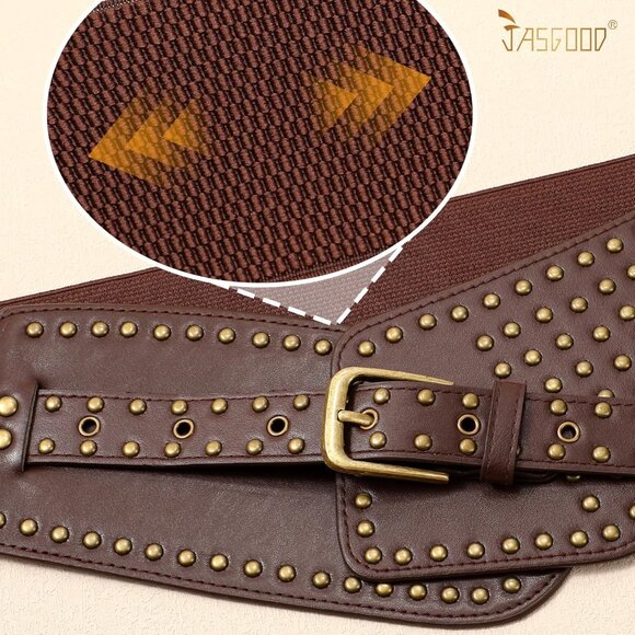 Women's Elastic Wide Belt Vintage Studded Stretchy Waist Belt Dress Pants Coffee - Picture 3 of 5